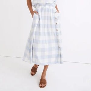 Madewell Linen-Blend Side-Button Midi Skirt in Gingham Check Size Medium
